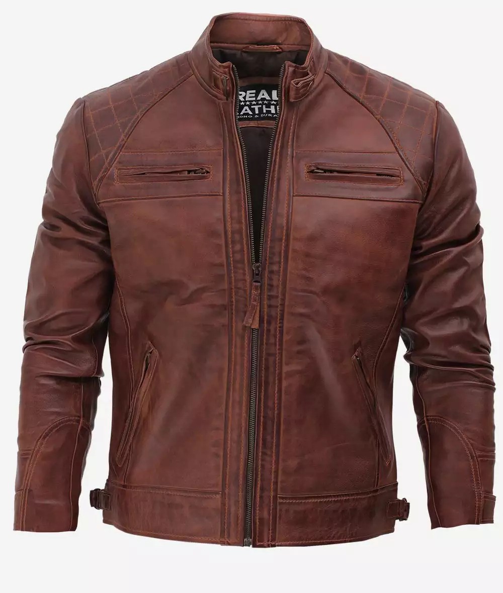 Distressed Brown Motorcycle Leather Jacket Men's