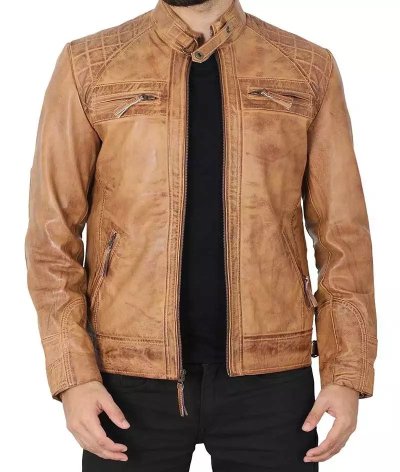 Men's Distressed Camel Quilted Leather Jacket