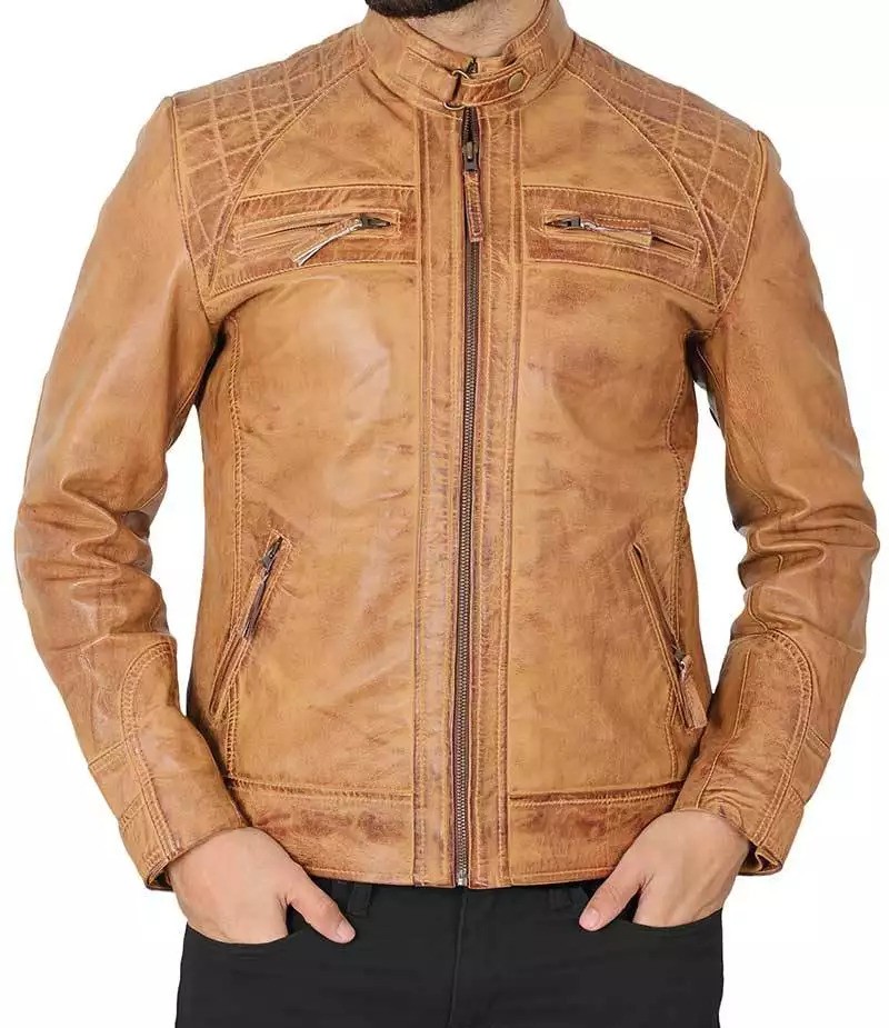 Men's Distressed Camel Quilted Leather Jacket
