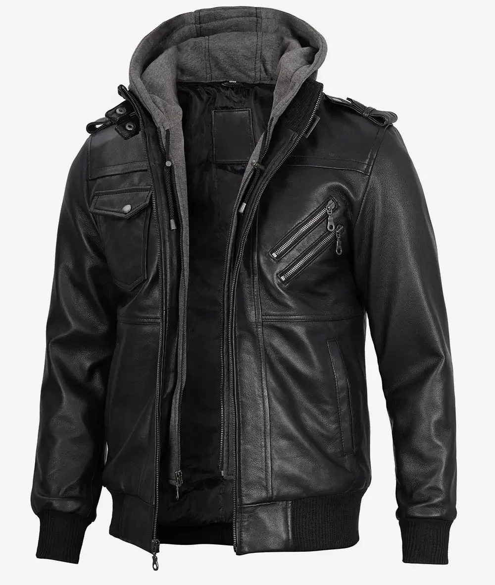 Lambskin Black Detachable Hood Leather Jacket