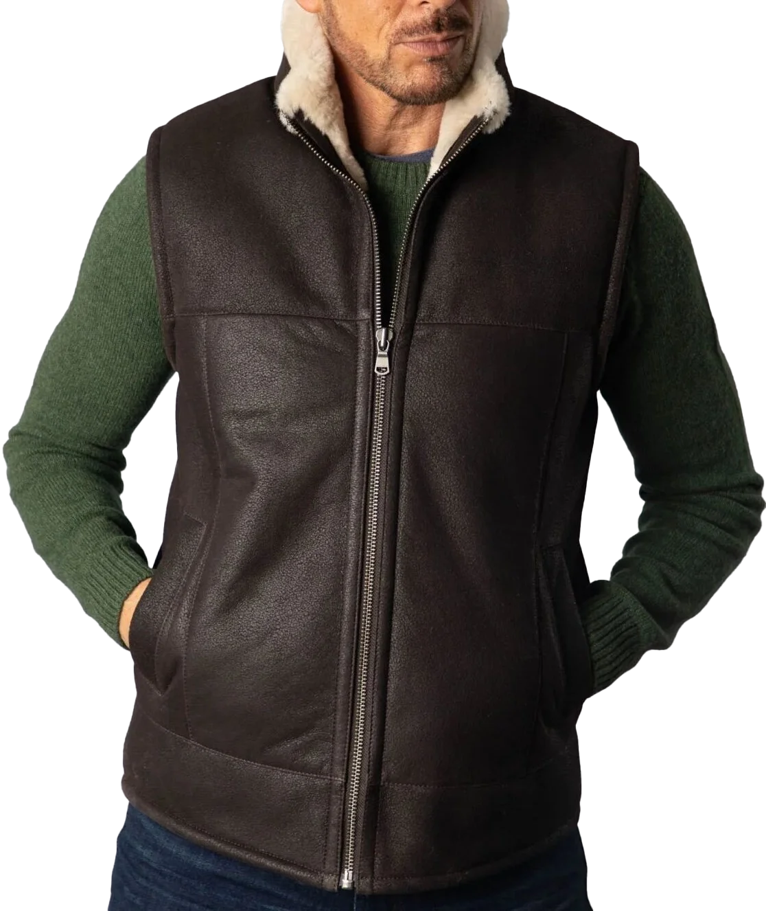 Men Sheepskin brown Leather Gilet