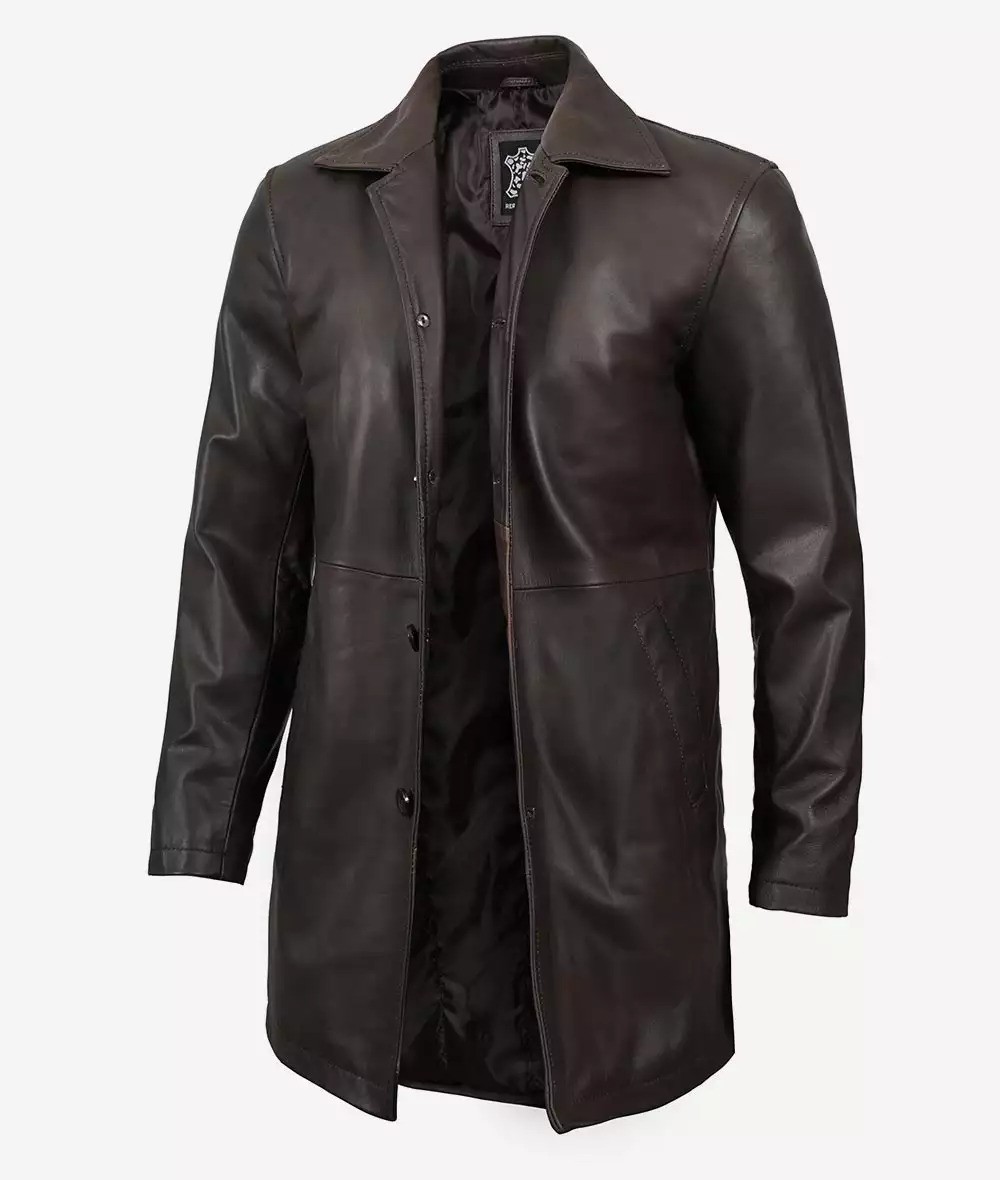 Men's 3/4 Length Dark Brown Leather Coat