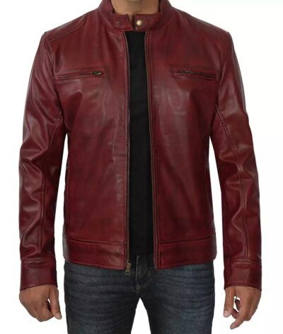 Men's Bold Maroon Lambskin Cafe Racer Jacket