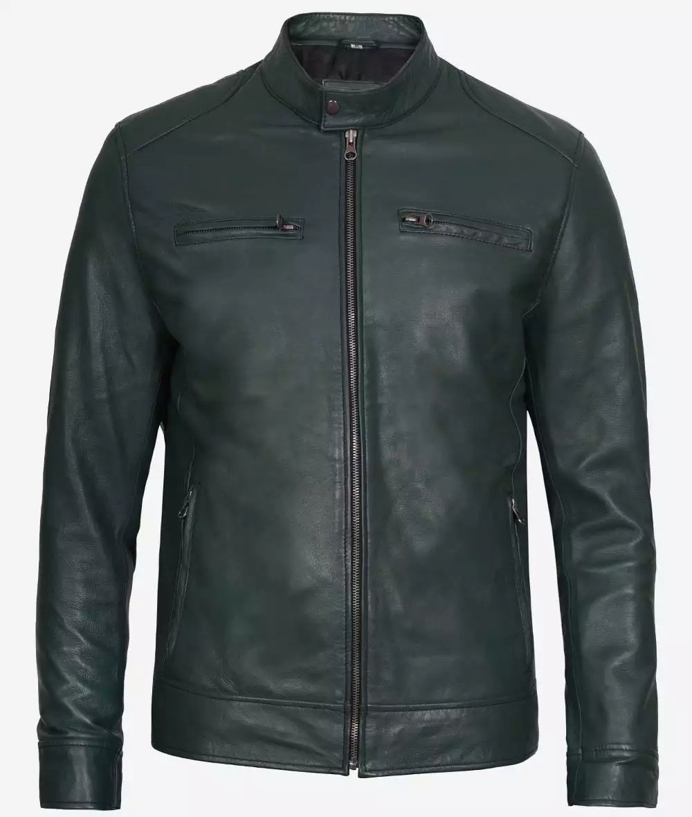 Men's Dark Green Dodge Cafe Racer Leather Jacket