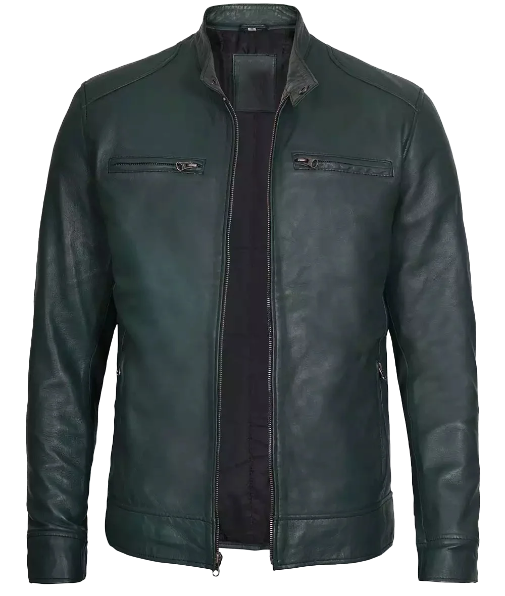 Men’s Dark Green Dodge Cafe Racer Leather Jacket