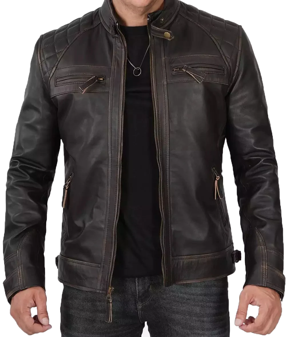 Men’s Distressed Brown Quilted Biker Leather Jacket