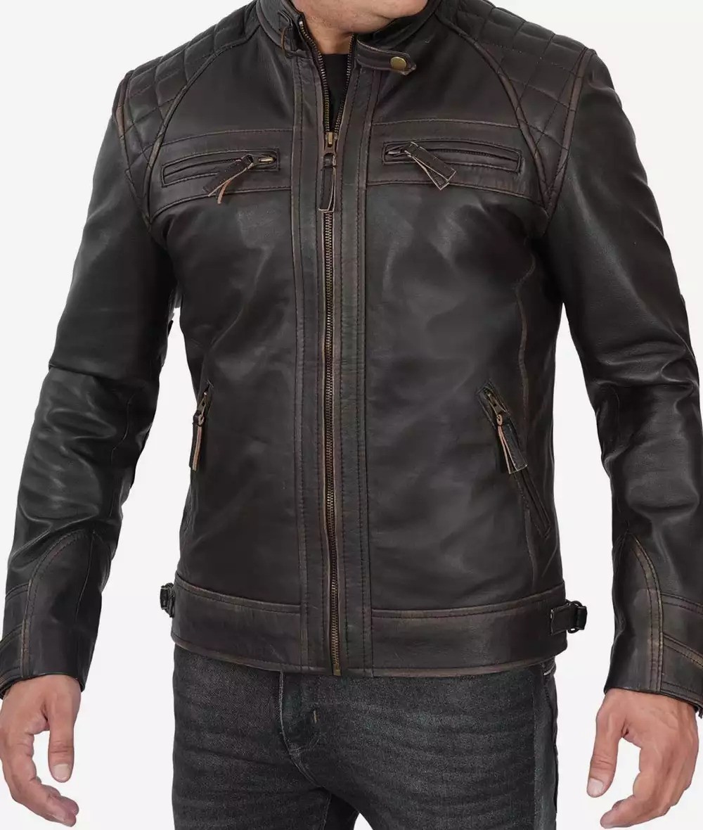 Men's Distressed Brown Quilted Biker Leather Jacket