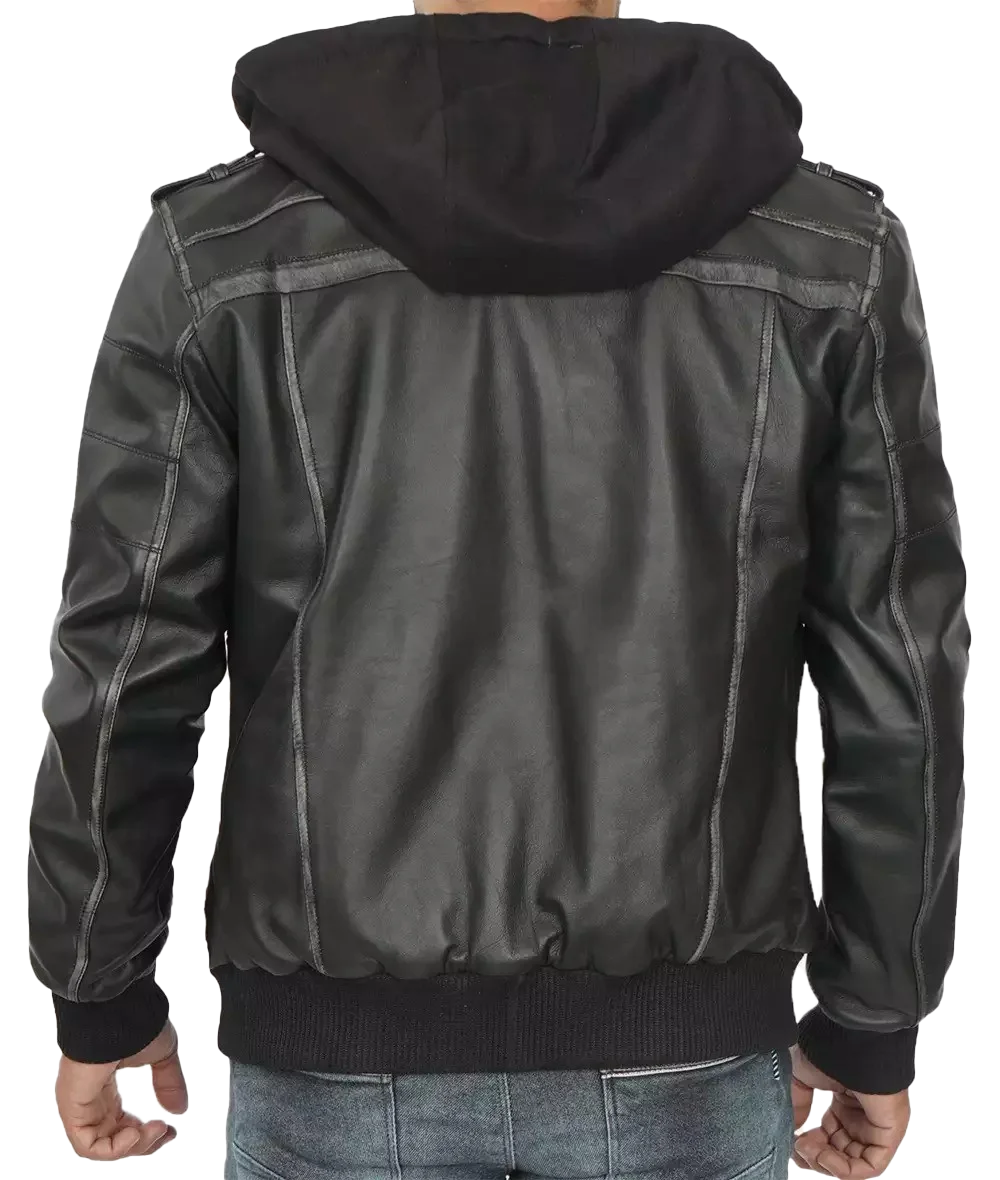 Men’s Grey Leather Hooded Bomber Jacket