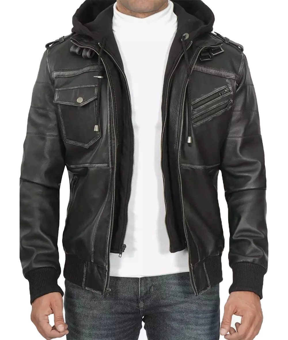 Men’s Grey Leather Hooded Bomber Jacket