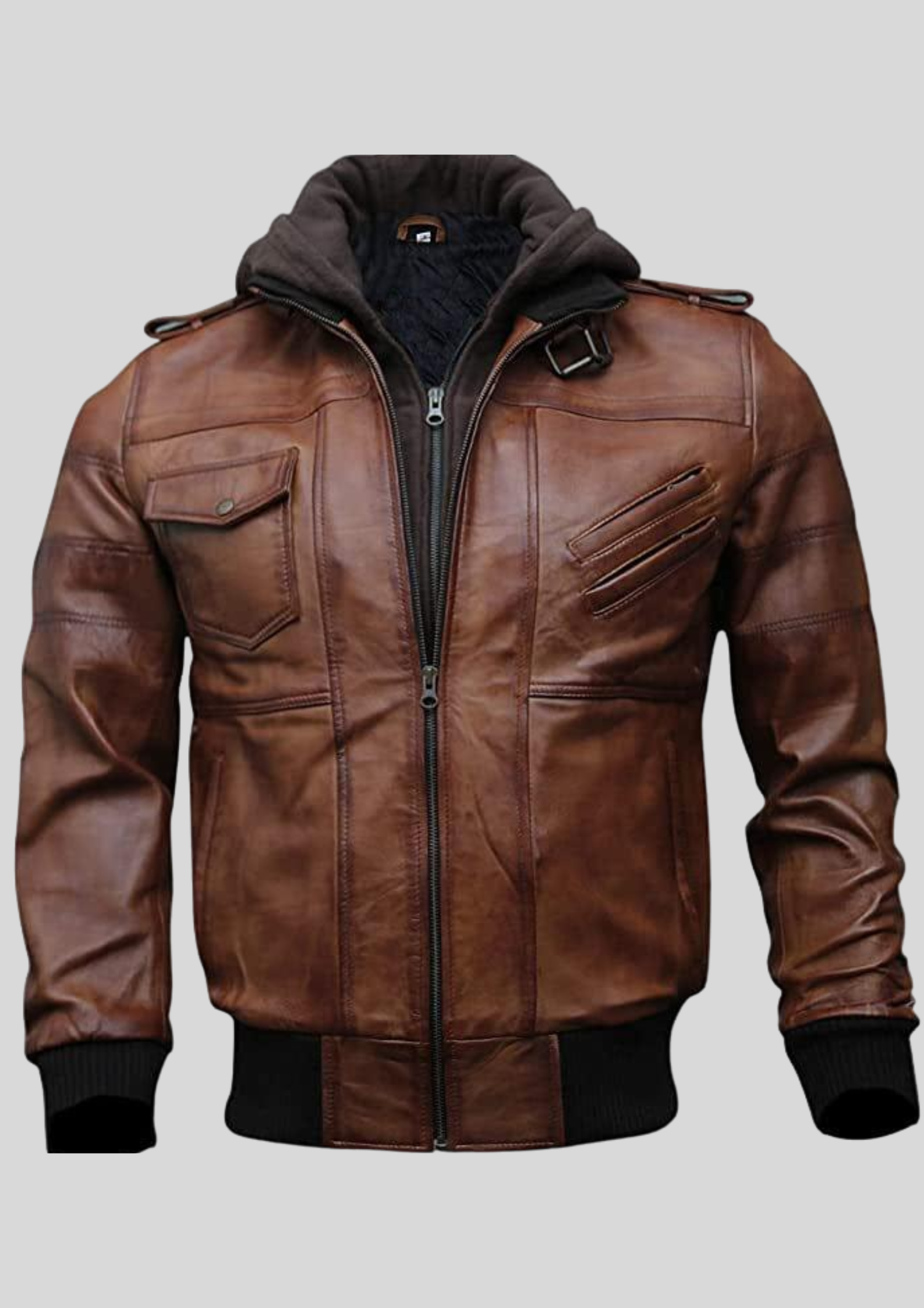 Men’s Hooded Brown Leather Bomber Jacket4