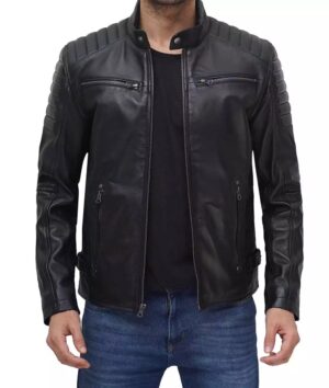 Padded Men's Café Racer Black Leather Jacket