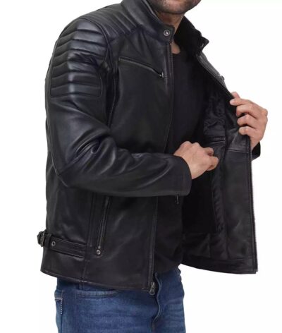Padded Men's Café Racer Black Leather Jacket