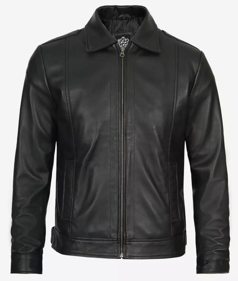 Shirt Collar Vintage Black Leather Jacket