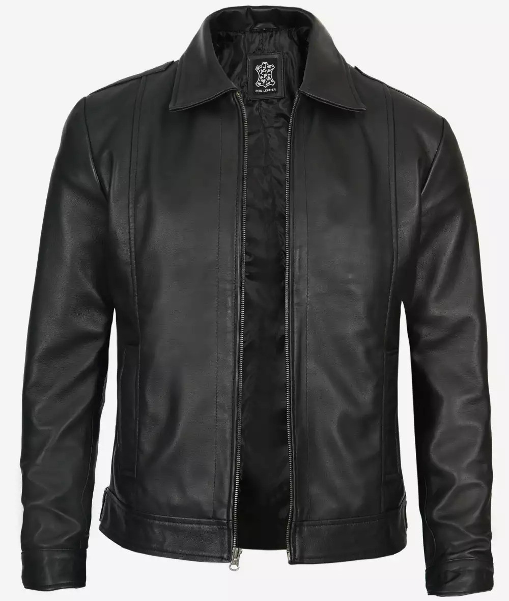 Shirt Collar Vintage Black Leather Jacket