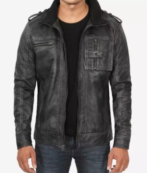 Men's Distressed Black Cafe Racer Leather Jacket
