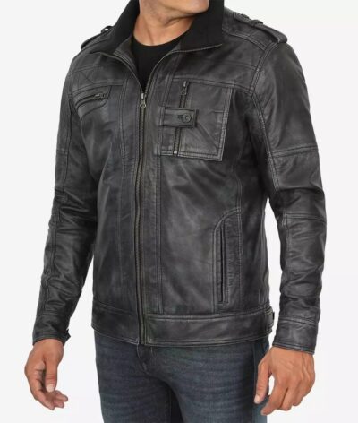 Men's Distressed Black Cafe Racer Leather Jacket