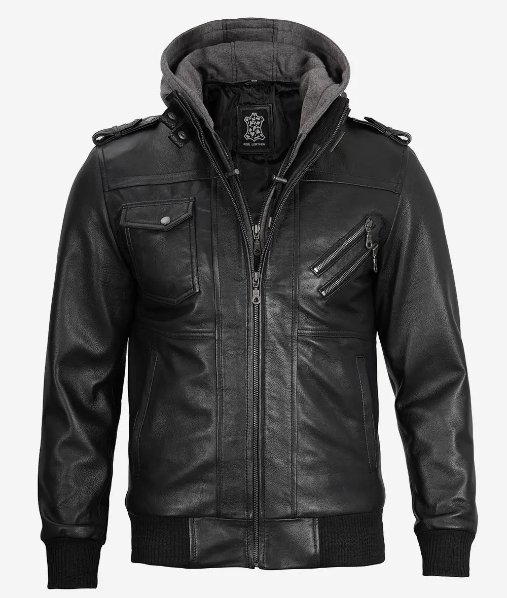 Men's Black Lambskin Detachable Hood Leather Jacket