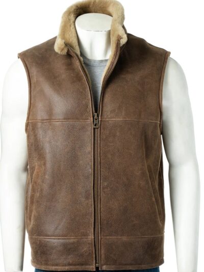 Men Tobacco Sheepskin Leather Gilet