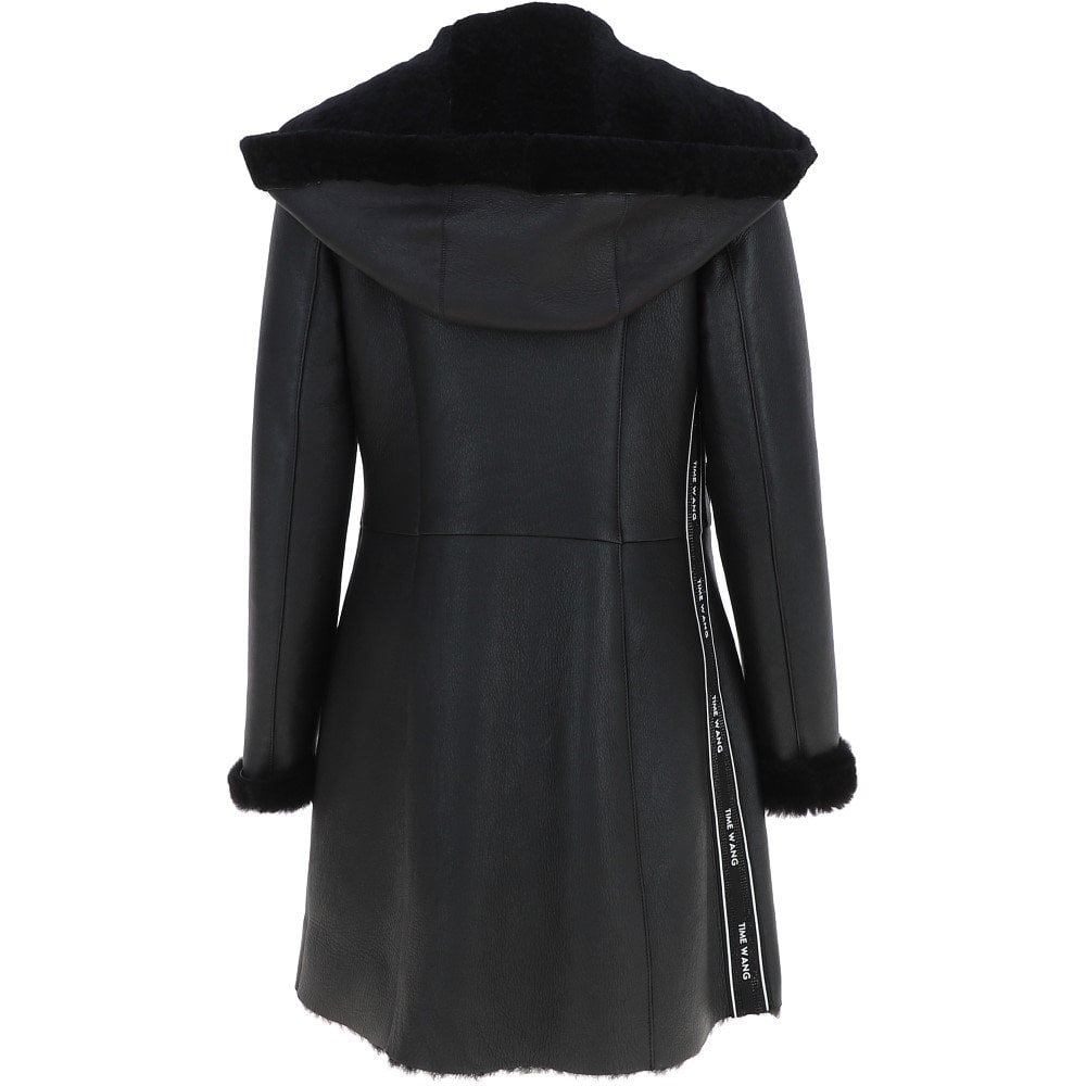 3/4 Length Women Black Sheepskin Hooded Jacket