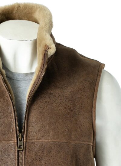 Men Tobacco Sheepskin Leather Gilet