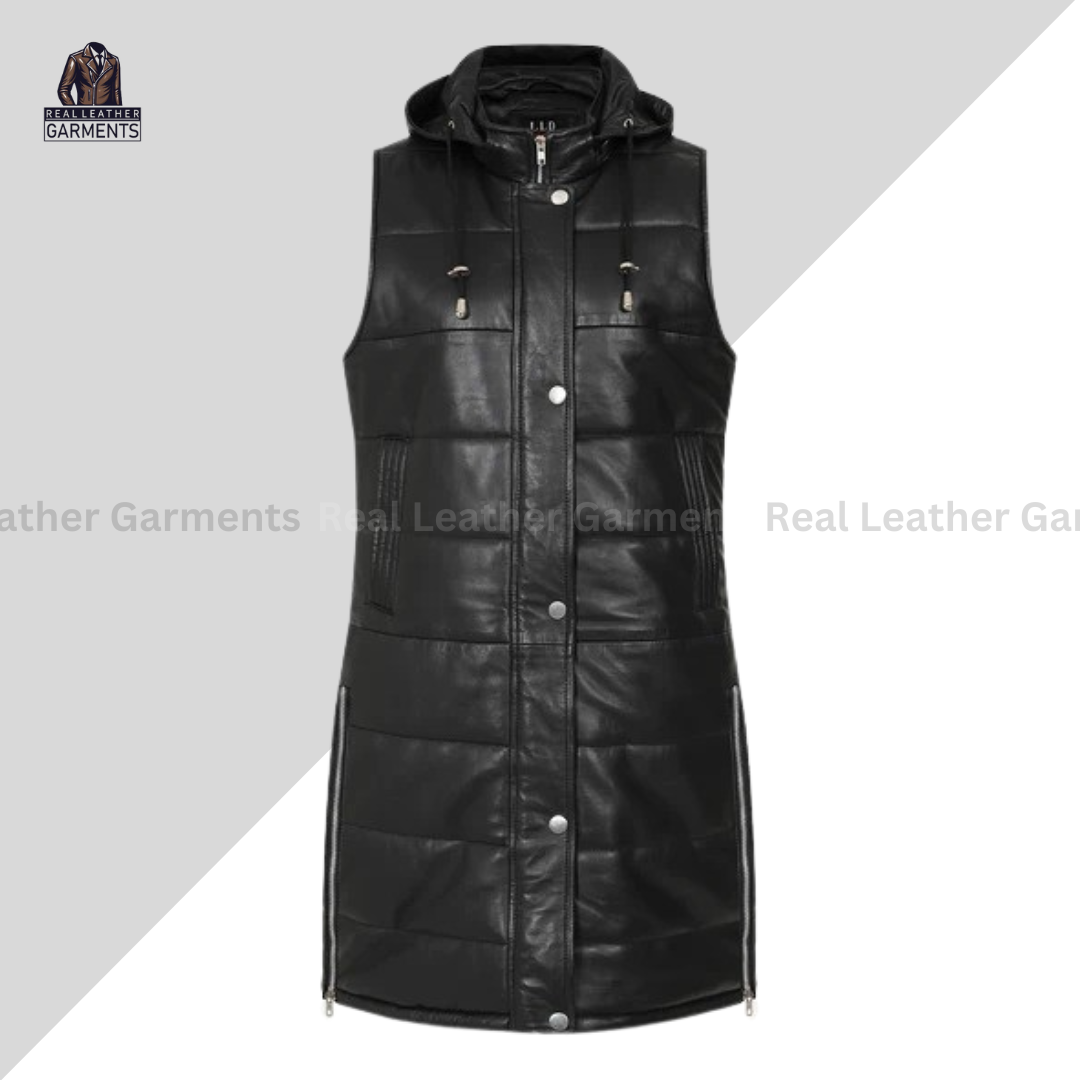 Quilted Long Hooded leather Gilet