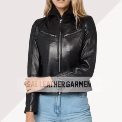 Women’s Hooded Black Leather Jacket