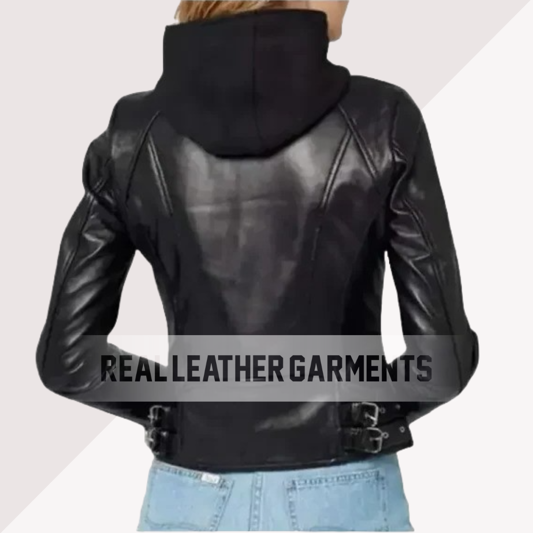 Women’s Hooded Black Leather Jacket - Real Leather Garments