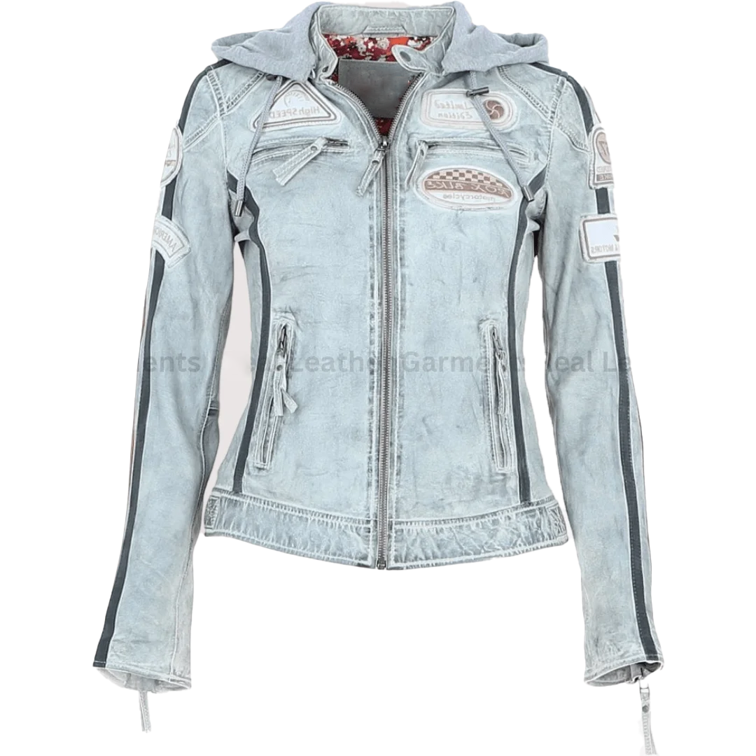 Women's Removable Hood Biker Leather Jacket