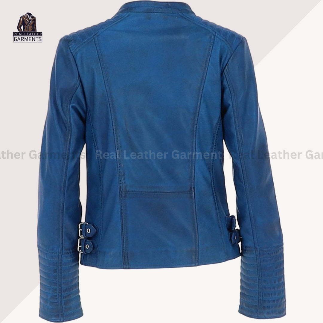 Women's Royal Blue Biker Leather Jacket - Real Leather Garments