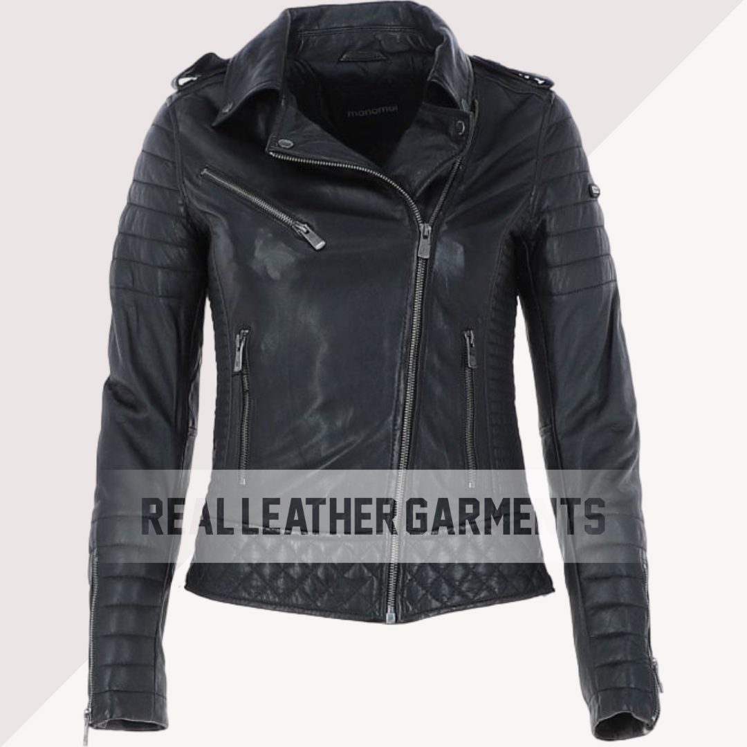 Women Shirt Collar Black Leather Biker Jacket