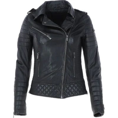 Women Shirt Collar Black Leather Biker Jacket