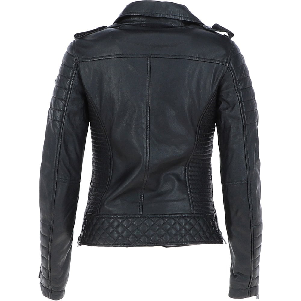 Women Shirt Collar Black Leather Biker Jacket