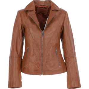 Women Slim Fit Tan Leather Biker Jacket
