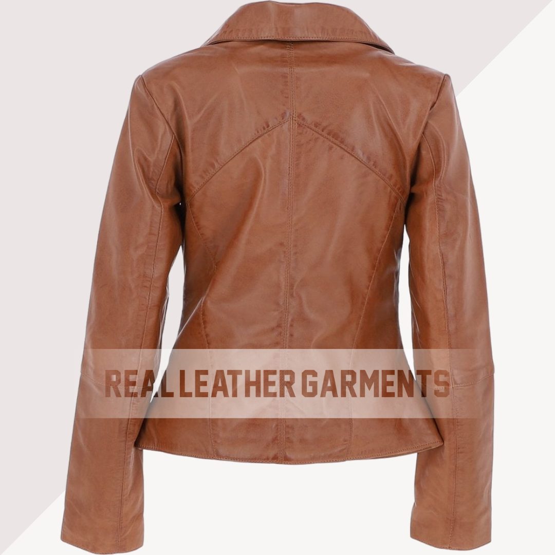 Women Slim Fit Tan Leather Biker Jacket