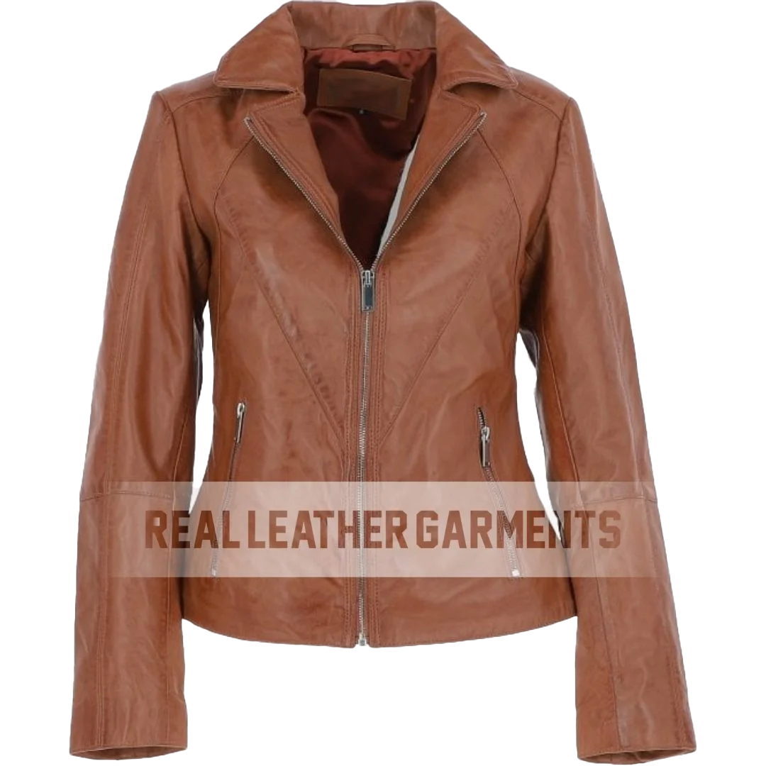 Women Slim Fit Tan Leather Biker Jacket