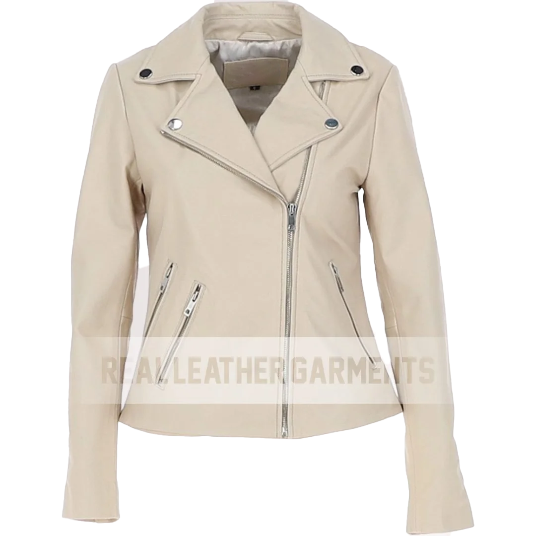 Women’s Beige Leather Biker Jacket