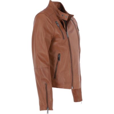 Men's Side Zip Tan Leather Biker Jacket