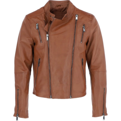 Men’s Side Zip Tan Leather Biker Jacket