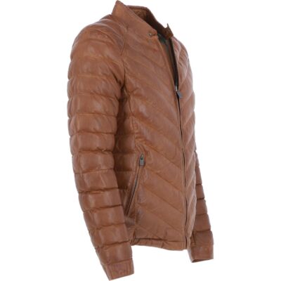 Men's Slim Fit Cognac Leather Puffer Jacket