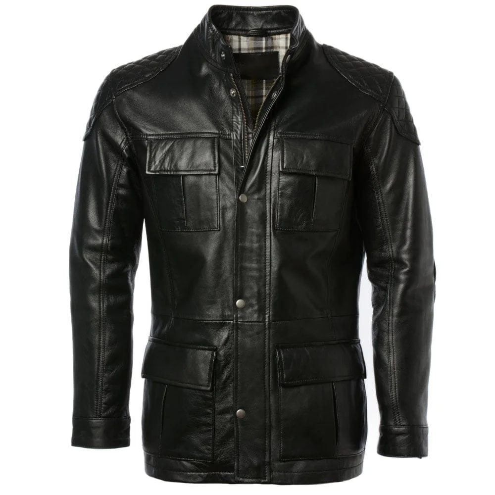 Brontes Slim Fit Black Leather Coat