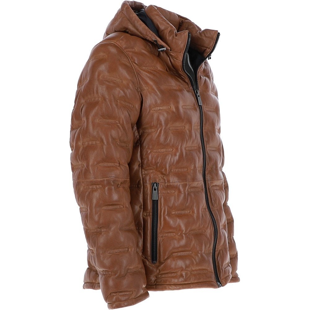 Detachable Hood Cognac Leather Puffer Jacket