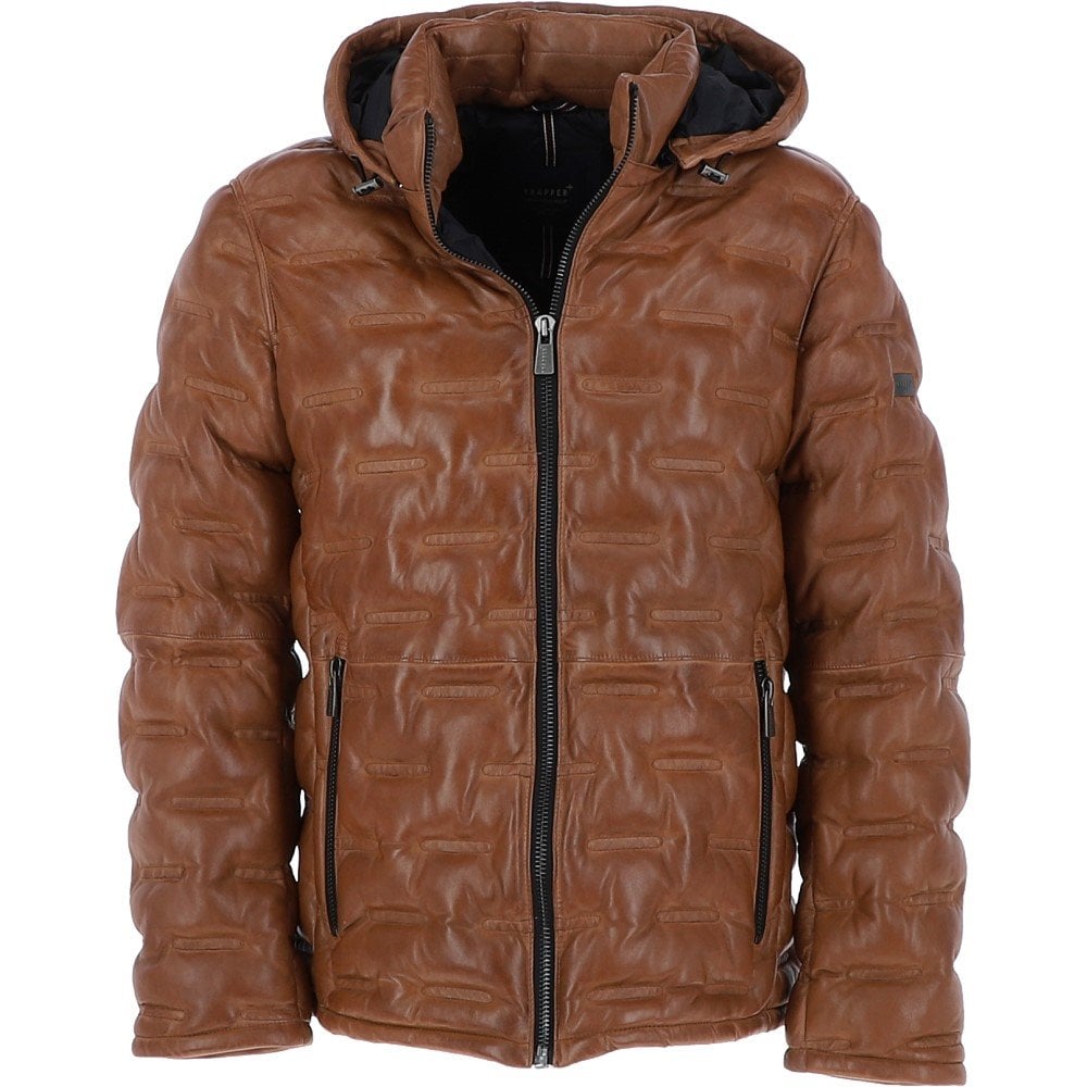 Detachable Hood Cognac Leather Puffer Jacket