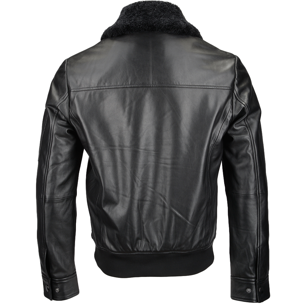 Shearling Collar Black Vegetable Tanned Leather Jacket