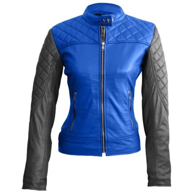 Women Blue and Black Quilted Leather Jacket