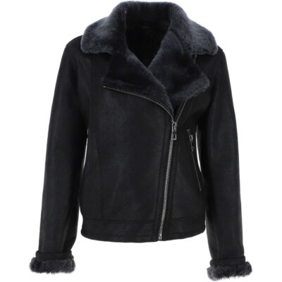 Alessa Womens Black Shearling Aviator Jacket