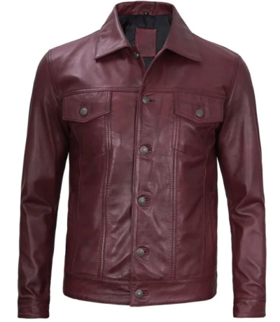 Brandon Men's Shirt Collar Maroon Leather Trucker Jacket