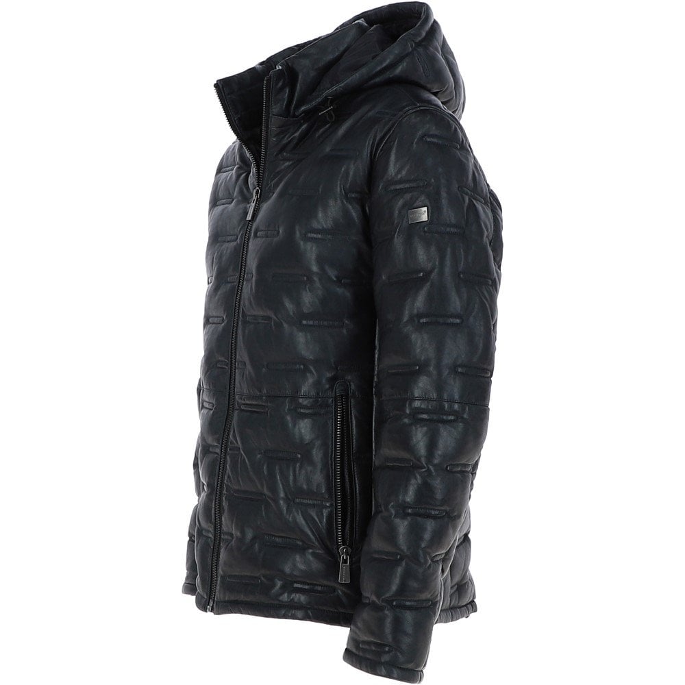 Detachable Hood Cognac Black Leather Puffer Jacket