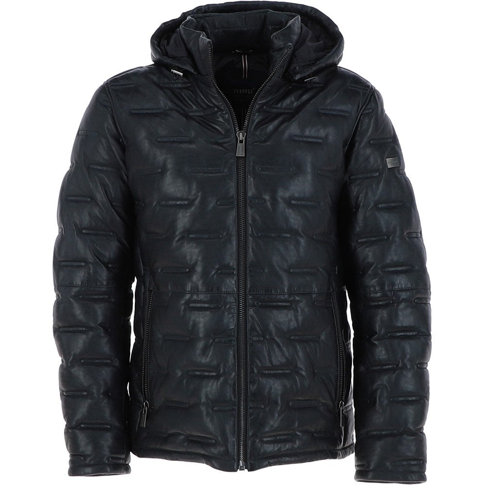 Detachable Hood Cognac Black Leather Puffer Jacket