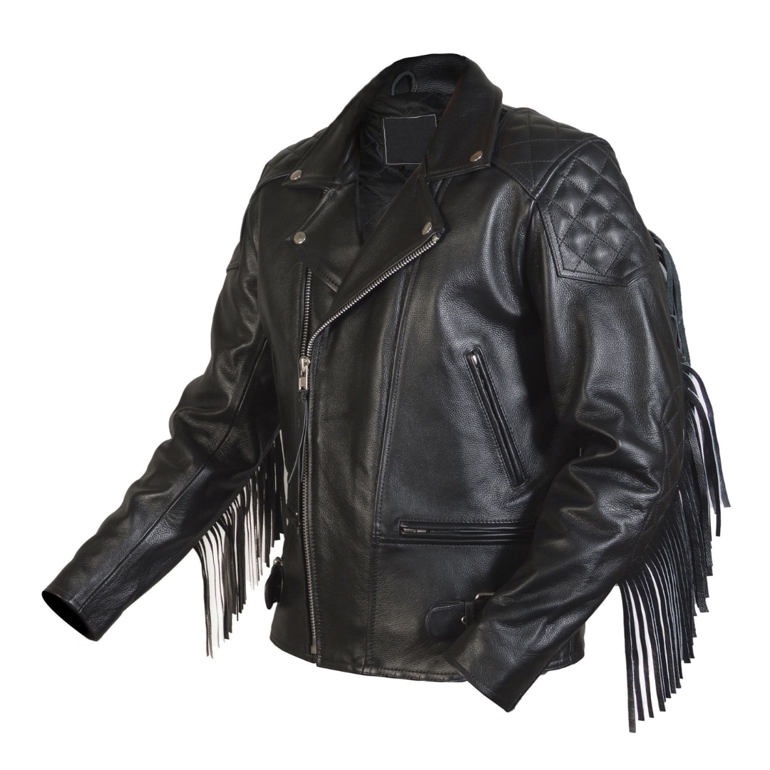 Diamond Quilted Biker Fringed Leather Jacket