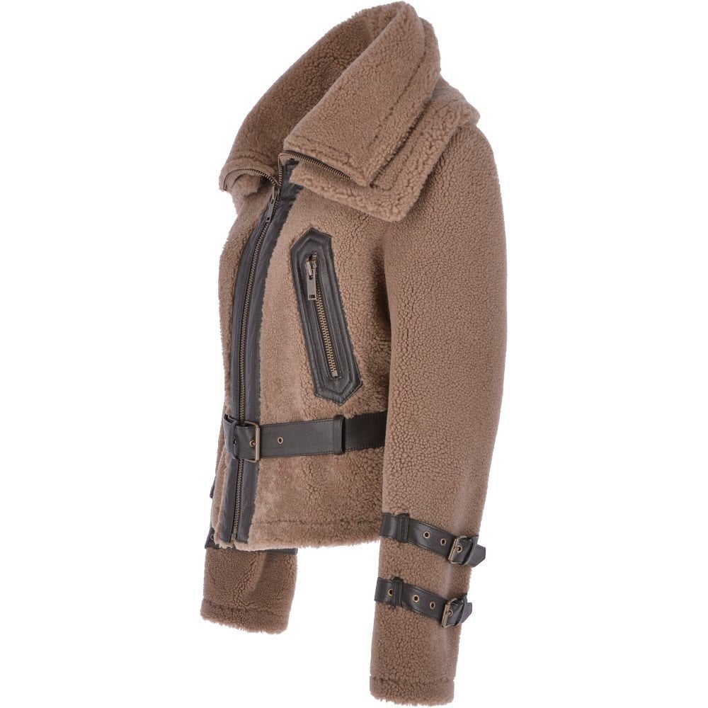 Double Collar Buff-Brown Fitted Teddy Sheepskin Jacket